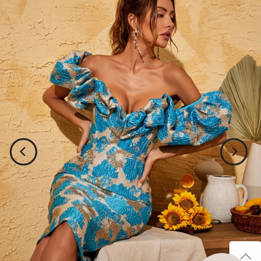 Christmas Big Sale! Mem mems Giselle Jacquard Off Shoulder Midi Dress In Blue